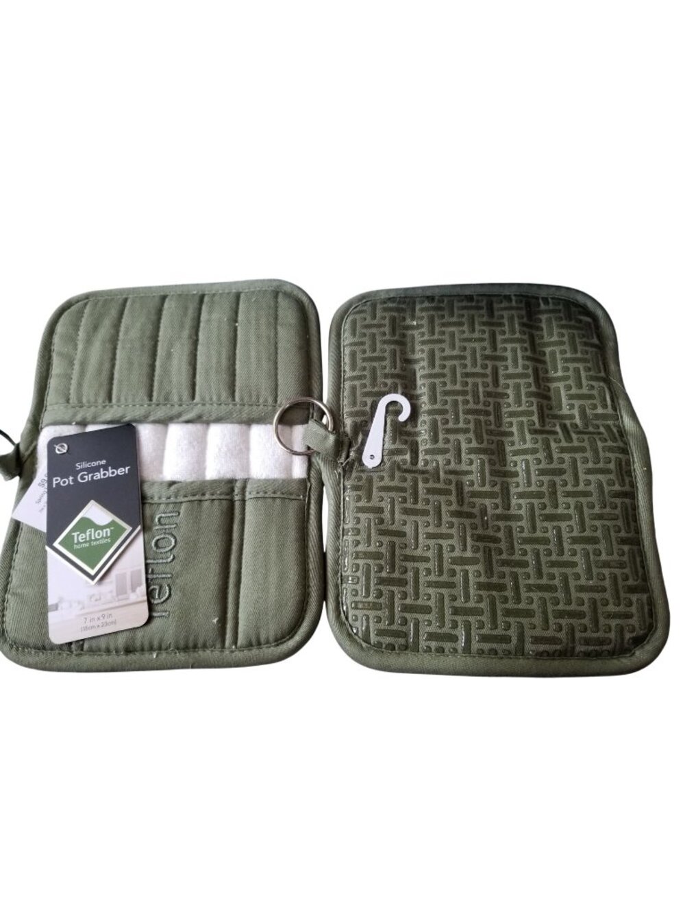Kitchen Pot Holder Terry Cloth Liner Green  9"  x 7" Set of 2  Pockets Silicone